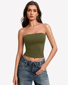 Olive green bandeau tube top with ruched hem and double-lined strapless fit.