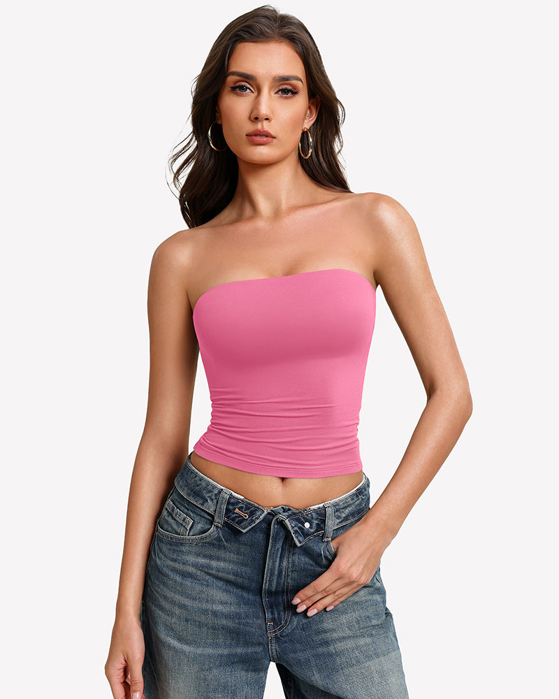Pink bandeau tube top with ruched sides and fitted double-lined coverage.