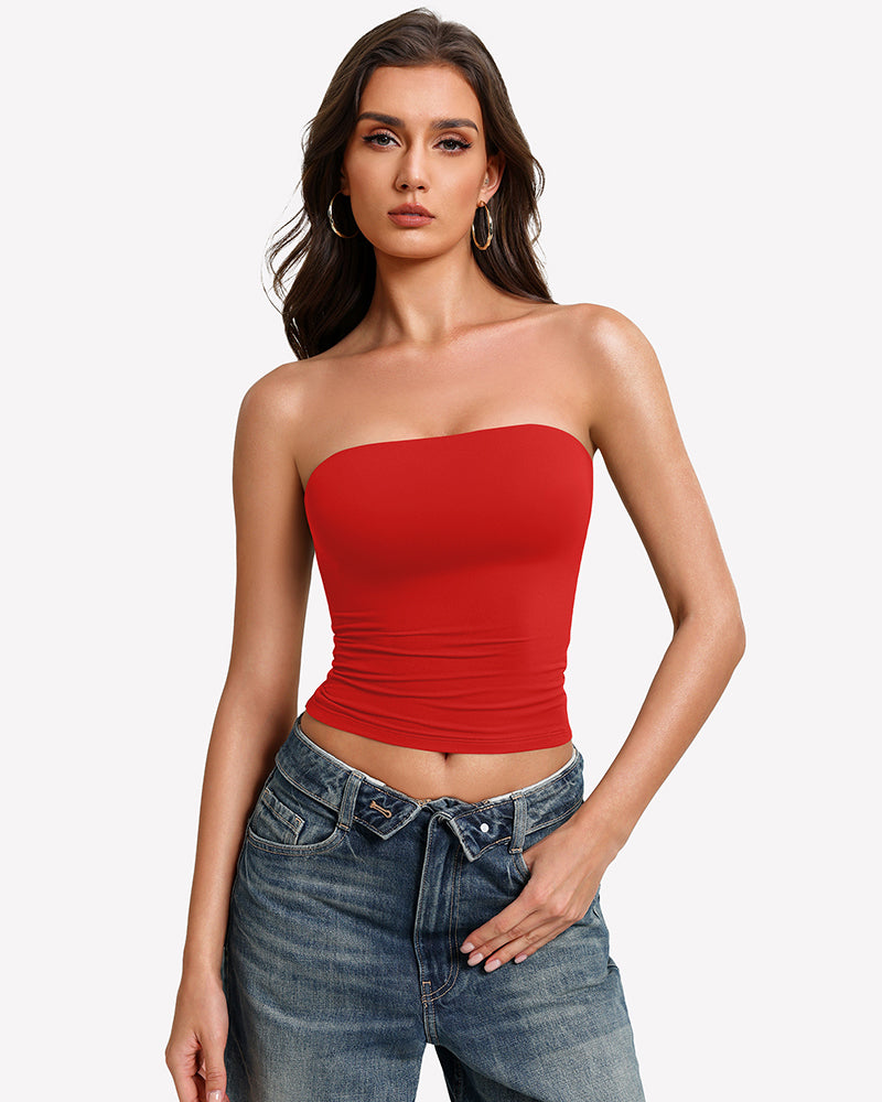 Red bandeau tube top with ruched sides and double-lined strapless coverage.