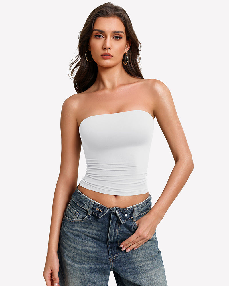 White bandeau tube top with ruched waist, slim double-lined strapless fit.