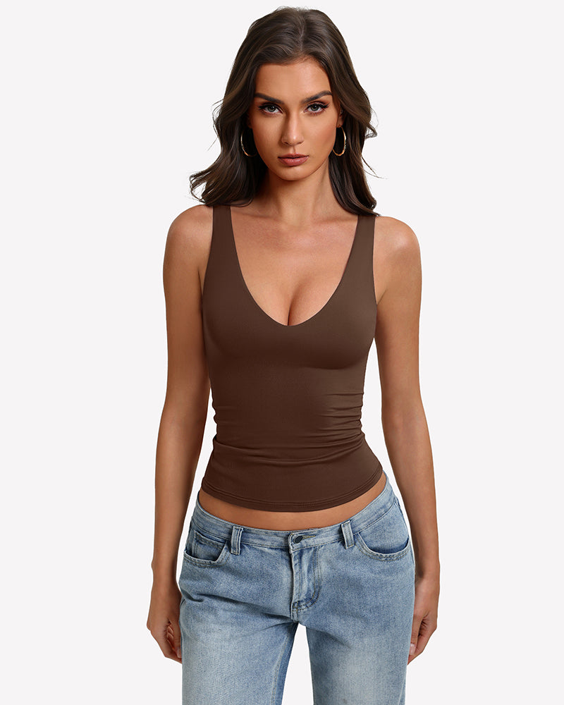 Double-lined plunge V-neck tank top in brown, sleeveless with deep V neckline