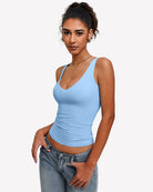 Double-lined plunge V-neck tank top in light blue, front view with deep V neckline