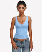 Double-lined plunge V-neck camisole tank top in light blue, fitted sleeveless design
