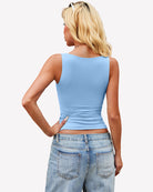 Double-lined plunge V-neck tank top in light blue, back view with racerback shoulders