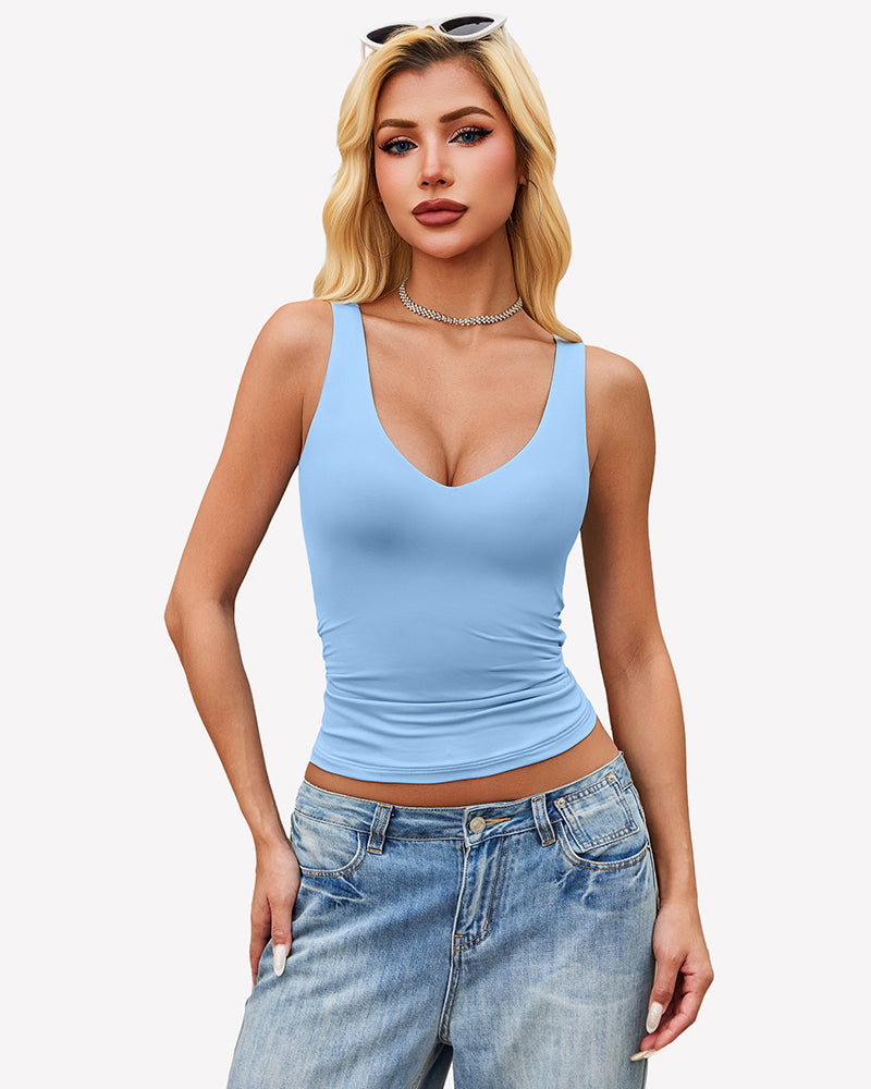 Double-lined plunge V-neck tank top in light blue, sleeveless with fitted waist