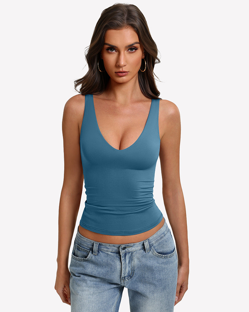 Double-lined plunge tank top with deep V neck, teal blue