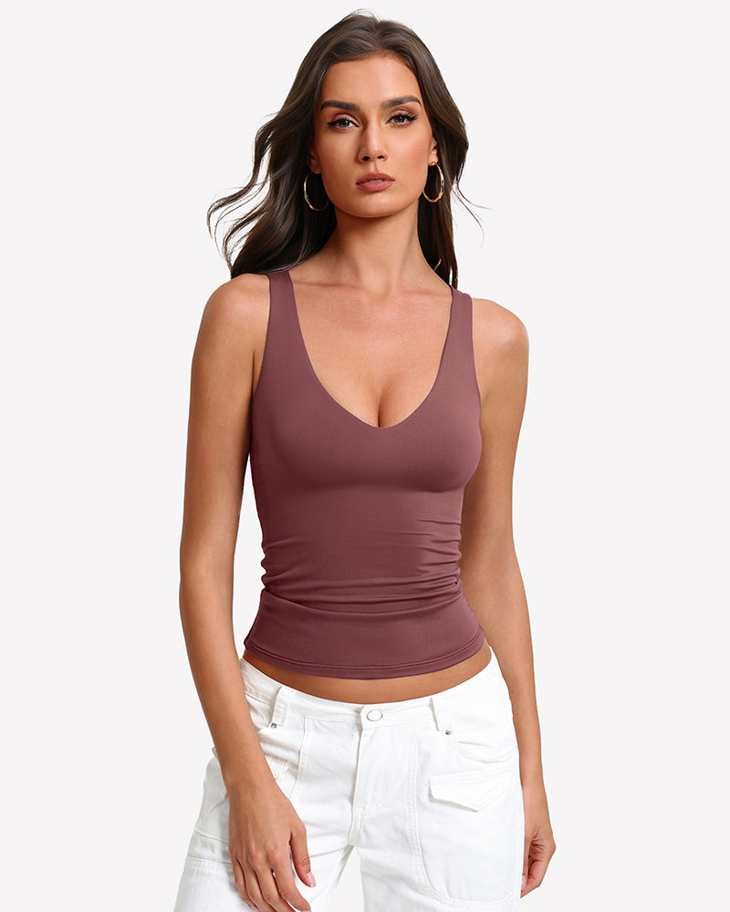 Double-lined plunge tank top with deep V neck, dark mauve