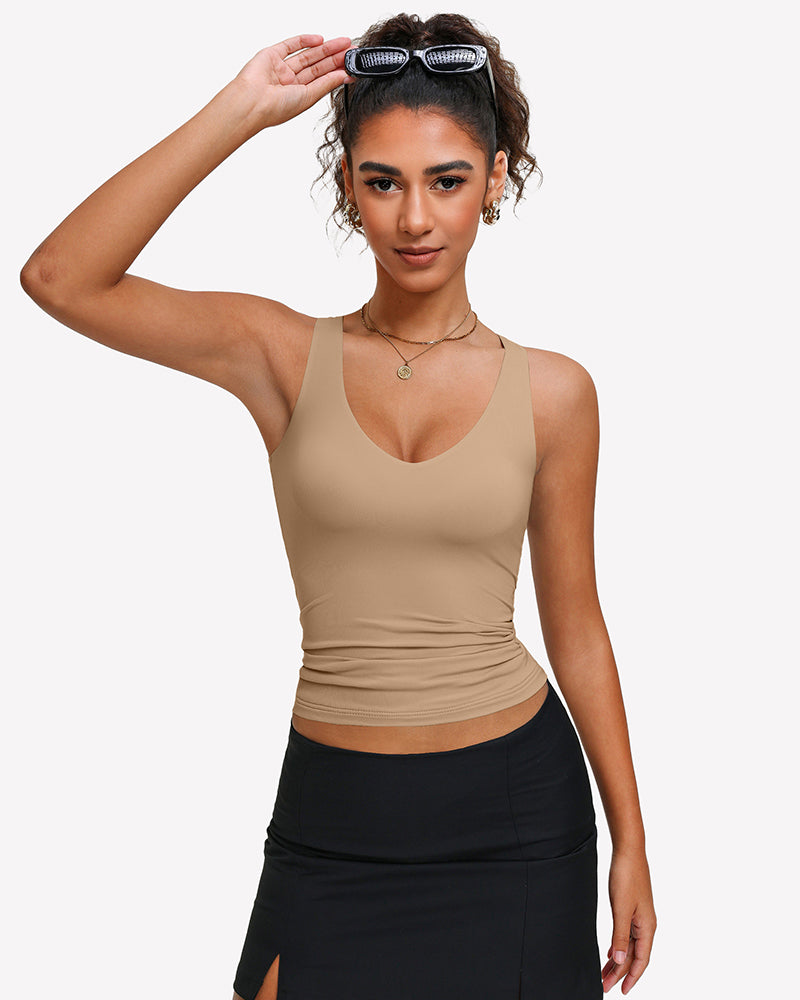 Double-lined plunge V-neck tank top in beige, sleeveless fitted camisole