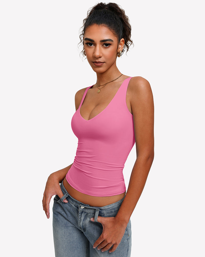 Double-lined plunge V-neck tank top in pink, sleeveless with deep V neckline