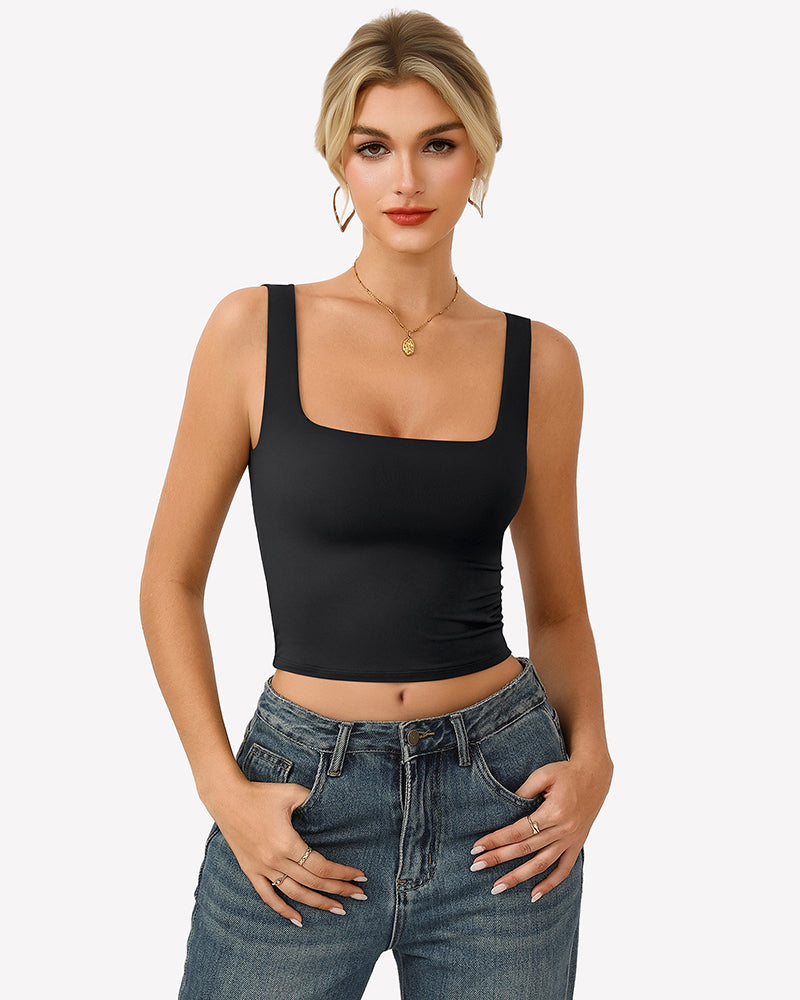 Double-lined square-neck tank top, black fitted crop with wide straps