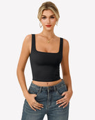 Double-lined square-neck tank top, black fitted crop with wide straps