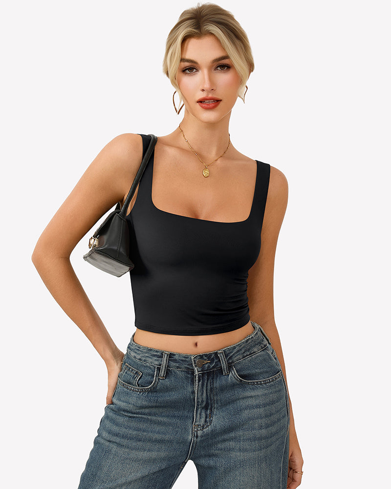 Double-lined square-neck tank top, black fitted crop, draped front