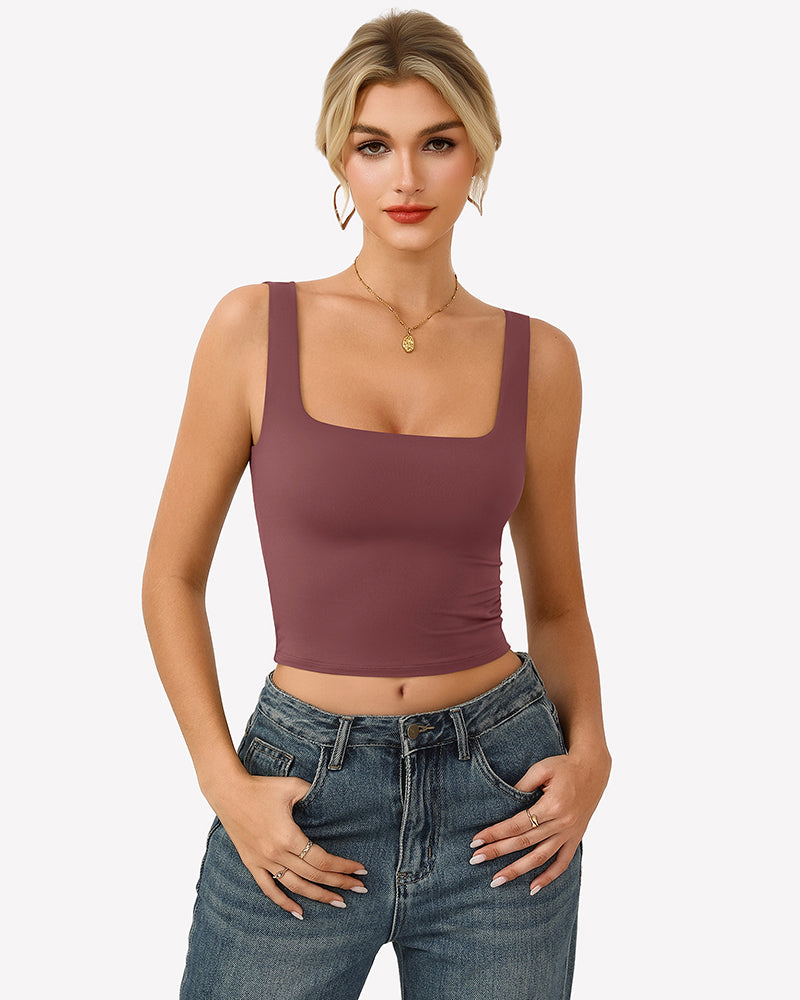 Double-lined square-neck tank top, deep plum fitted crop with wide straps