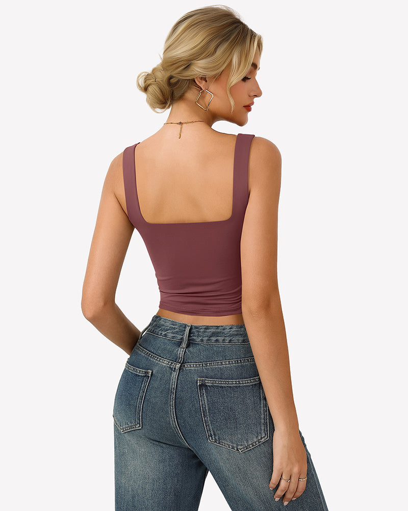 Double-lined square-neck tank top, deep plum fitted crop, back view