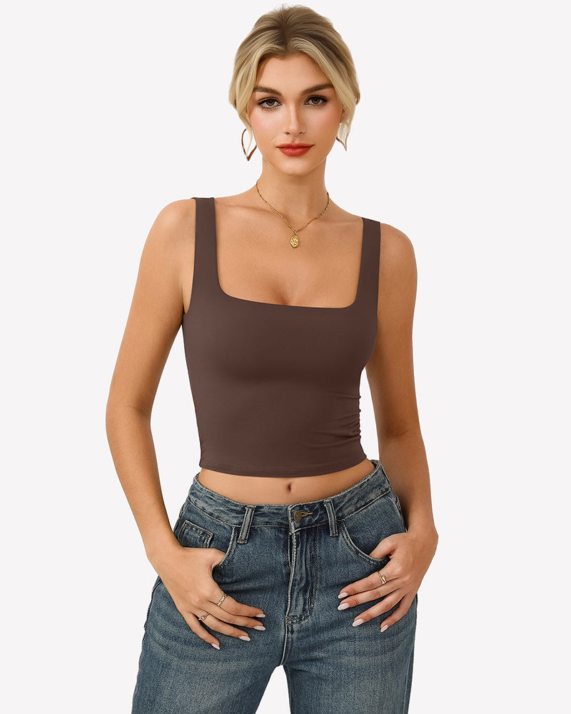 Brown square-neck fitted crop tank top, double-lined