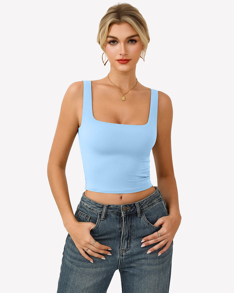 Double-lined square-neck tank top, light blue fitted crop with wide straps