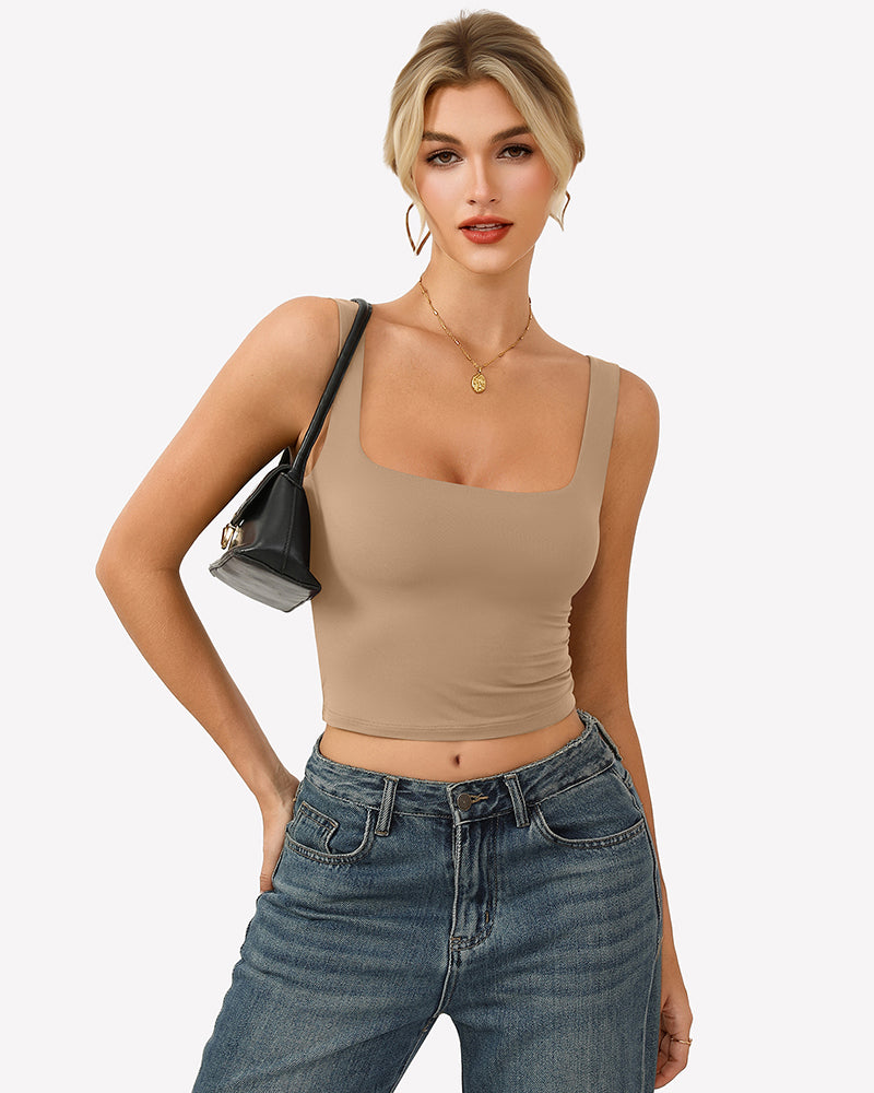 Double-lined square-neck tank top, nude fitted crop with wide straps