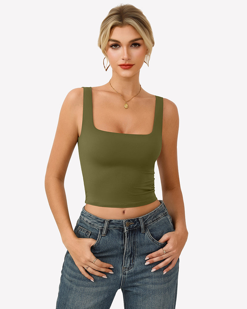 Army green square-neck fitted crop tank top, double-lined