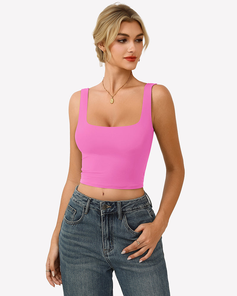 Double-lined square-neck tank top, pink fitted crop with wide straps