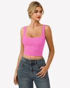 Double-lined square-neck tank top, pink fitted crop with wide straps