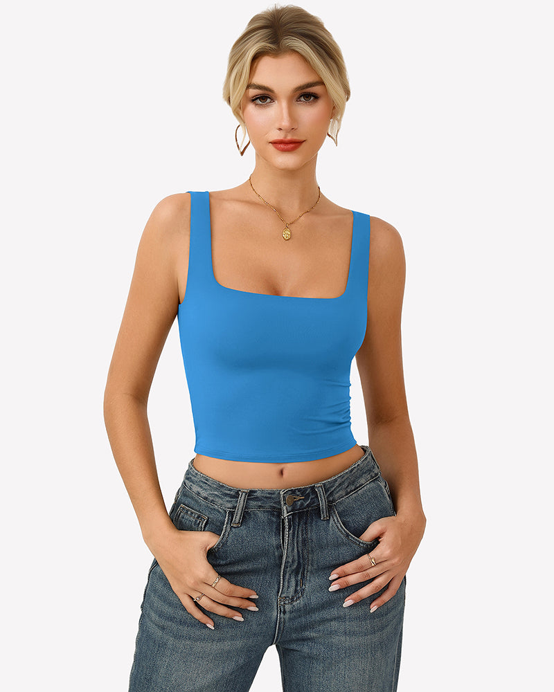 Double-lined square-neck tank top, light blue fitted crop with wide straps