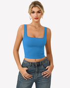 Double-lined square-neck tank top, light blue fitted crop with wide straps