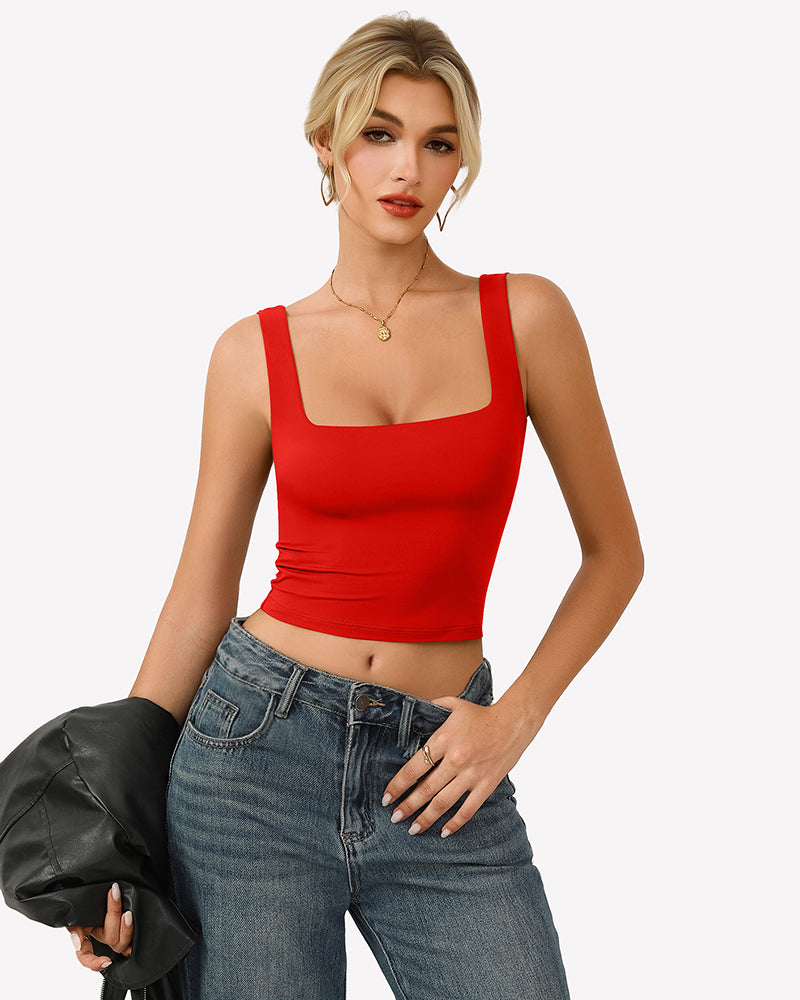 Double-lined square-neck tank top, red fitted crop with wide straps