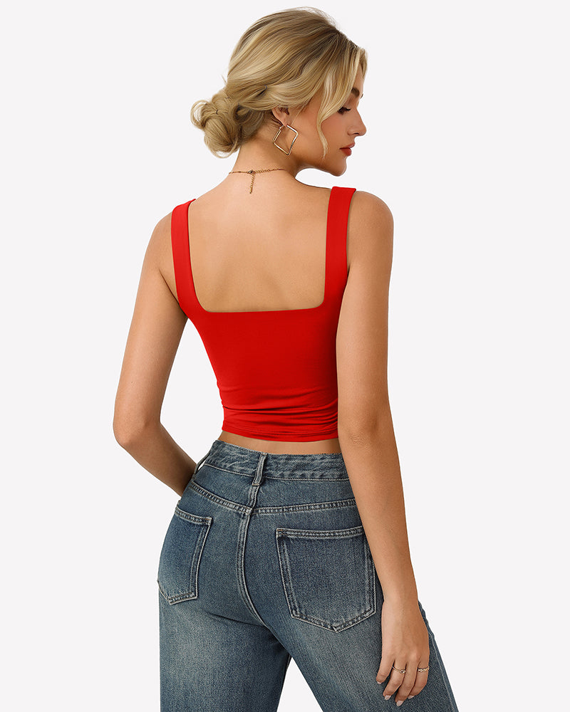 Red square-neck fitted crop tank top, double-lined back view