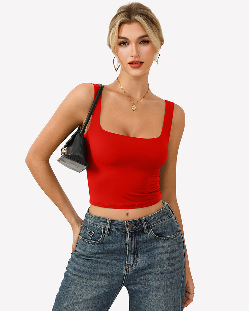 Red square-neck fitted crop tank top, double-lined
