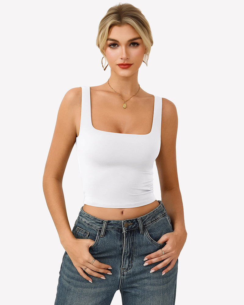 Double-lined square-neck tank top, white fitted crop with wide straps