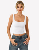 Double-lined square-neck tank top, white fitted crop with wide straps