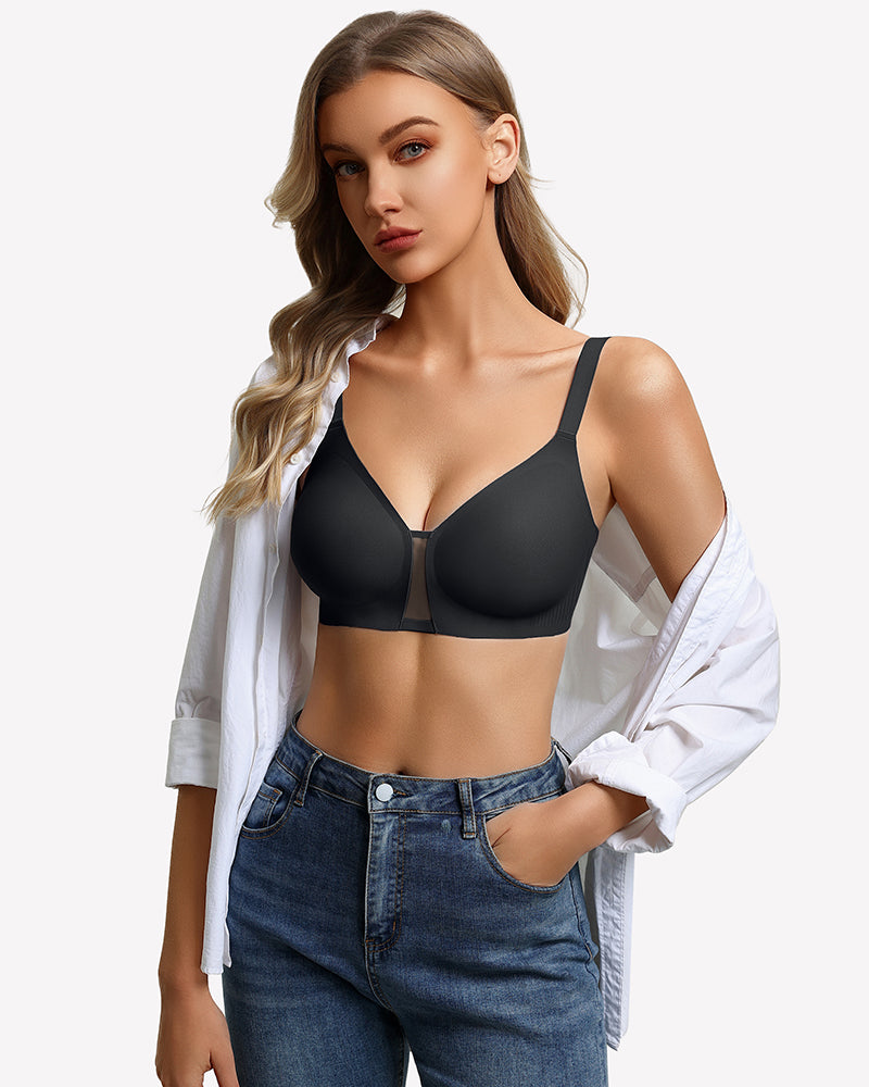 Wireless seamless bralette in black, front view with thin straps and smooth wireless cups.
