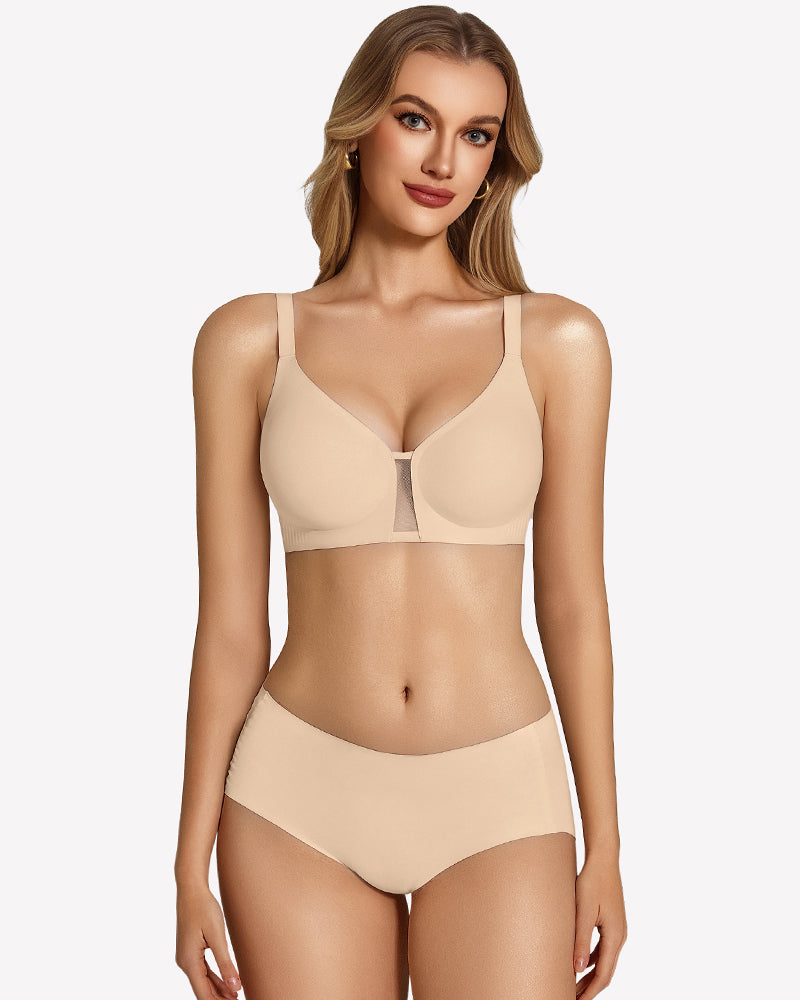 Wireless seamless bralette in beige, front view with wireless cups and center seam detail.