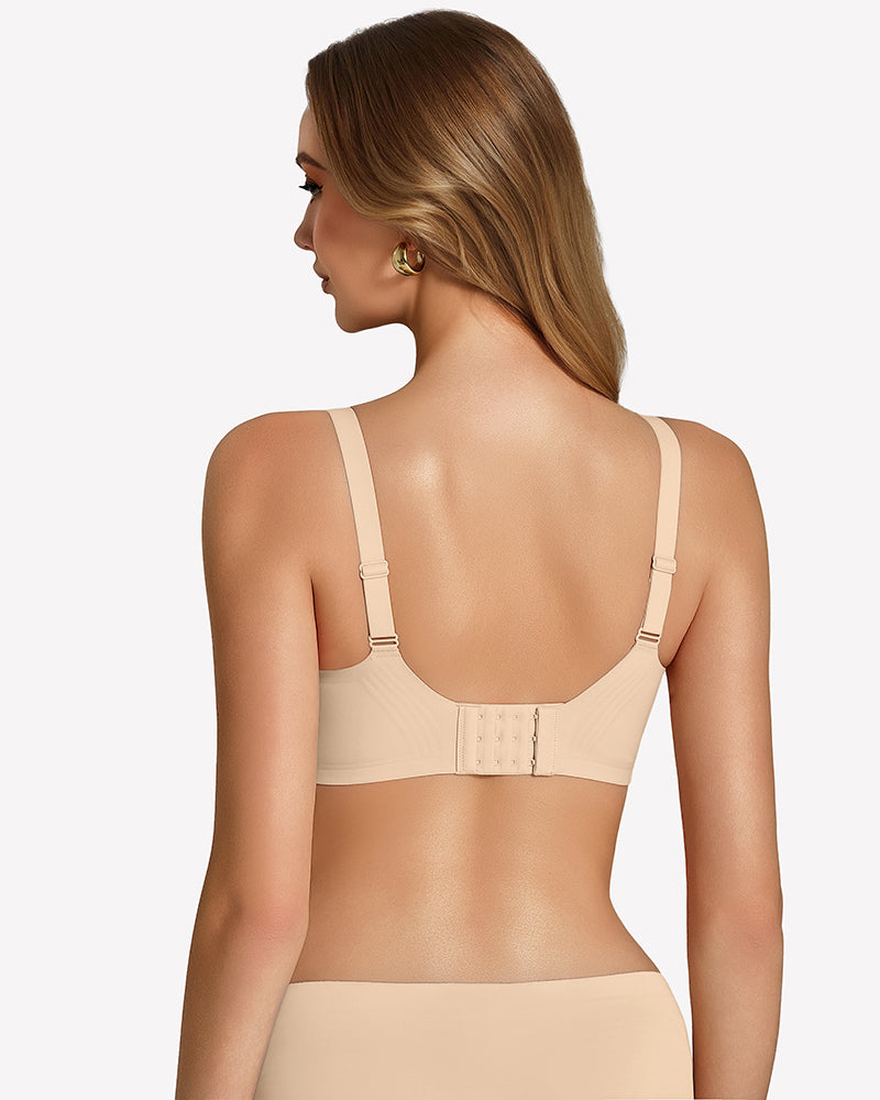 Wireless seamless bralette in nude beige, back view with adjustable straps and smooth band.