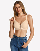 Wireless seamless bralette in nude beige, front view with thin straps and wireless cups.