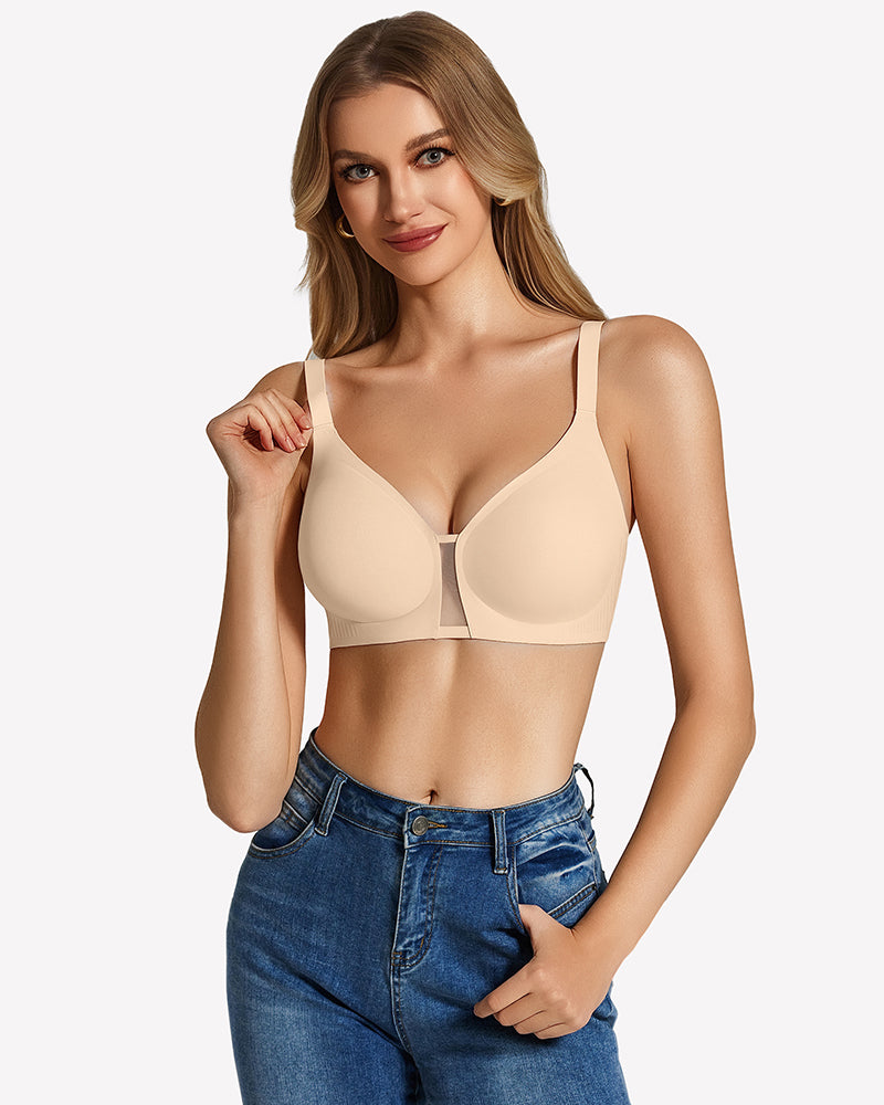 Wireless seamless bralette in nude beige, front view with thin straps and wireless cups.
