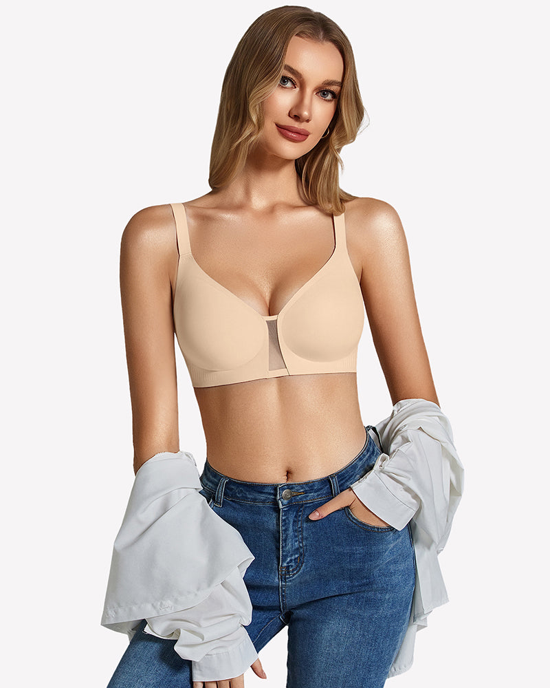 Wireless seamless bralette in pale pink-beige, front view with wireless cups and center seam.