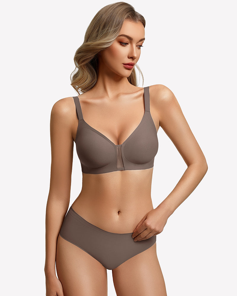Dark gray wireless seamless bralette with V-neck cups and thin adjustable straps