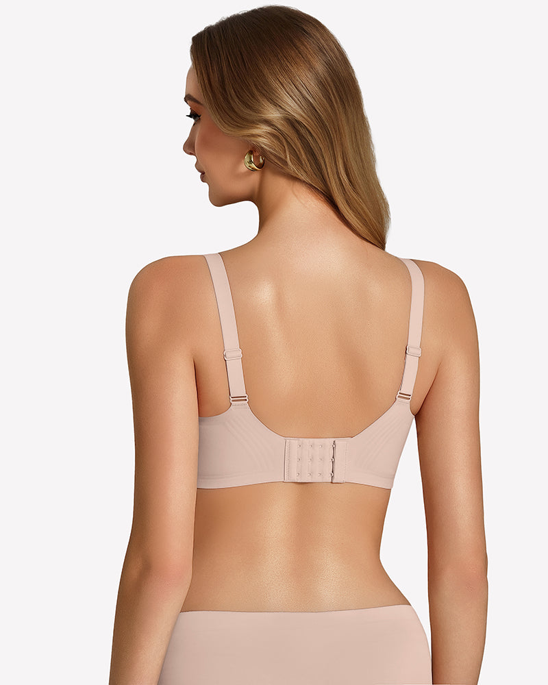 Nude wireless seamless bralette, back view with adjustable straps and clasp band
