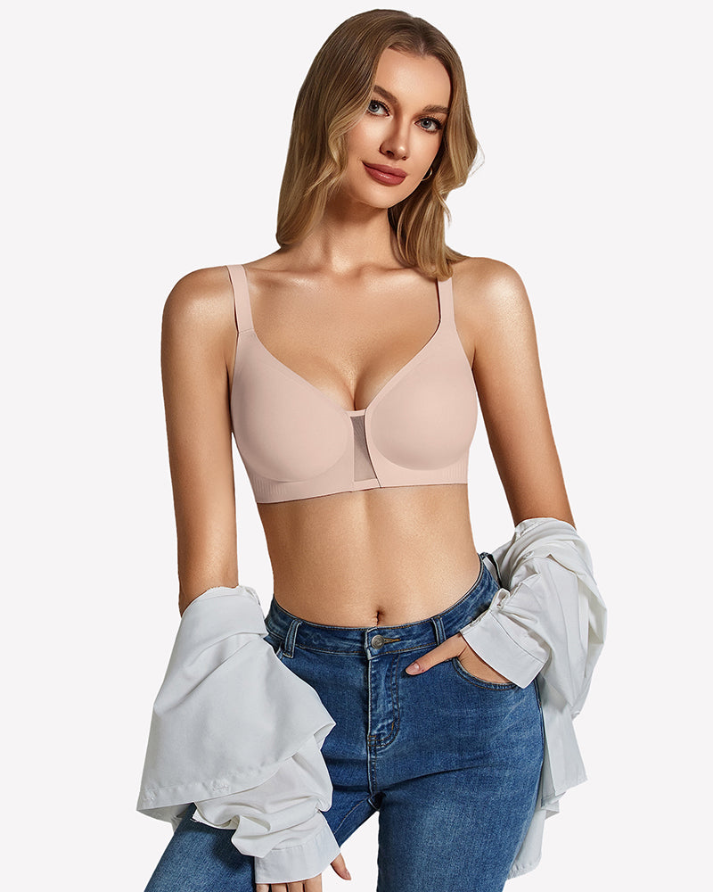 Wireless seamless bralette in pale pink-beige, front view with thin straps and plunging neckline.