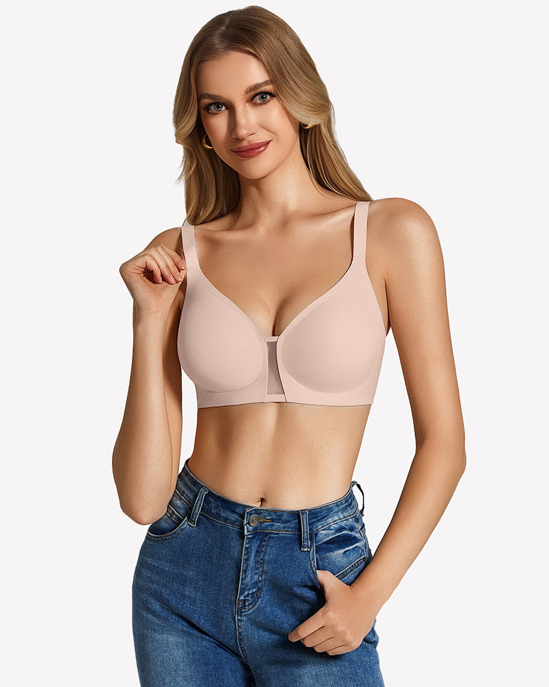 Light nude wireless seamless bralette with V-neck cups and adjustable shoulder straps