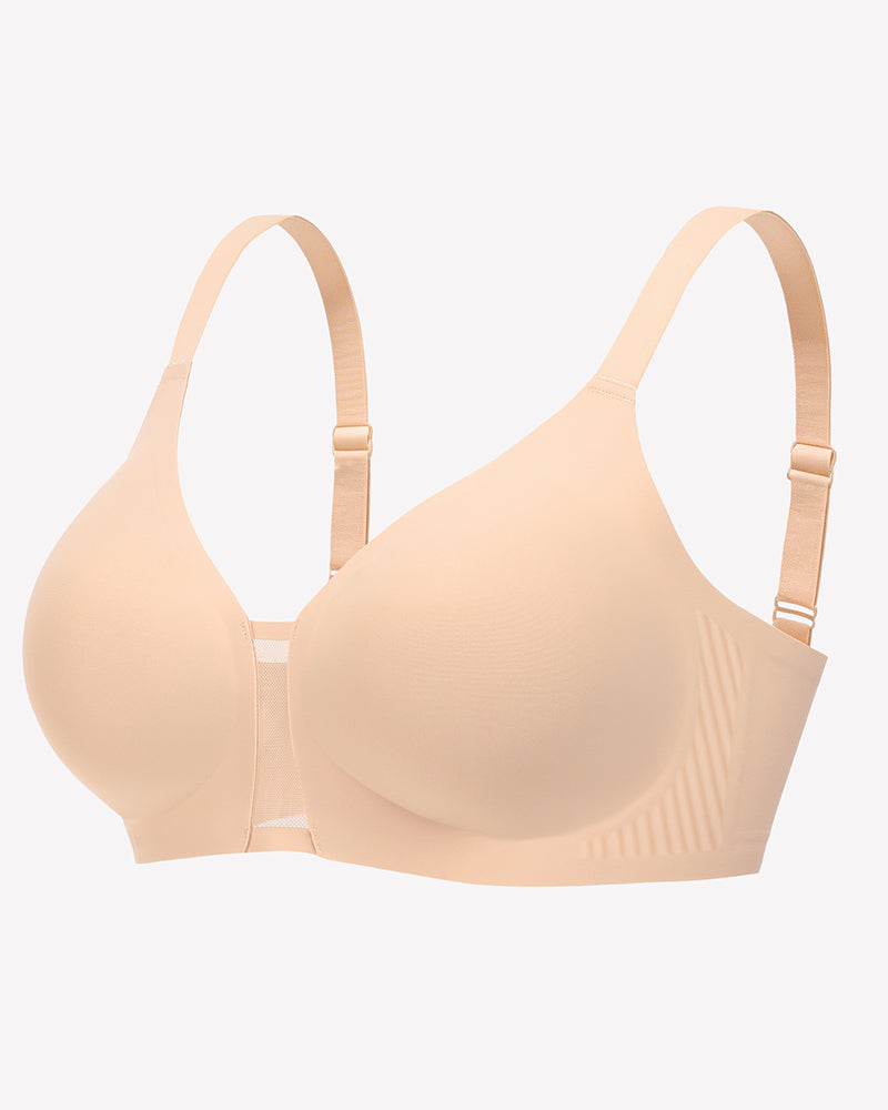 Beige wireless seamless bralette with V-neck cups and wide elastic straps