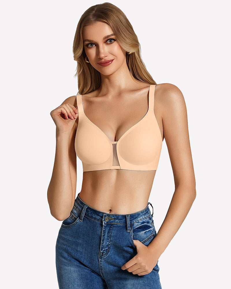 Wireless seamless bralette in pale pink-beige, front view with thin straps and wireless cups.