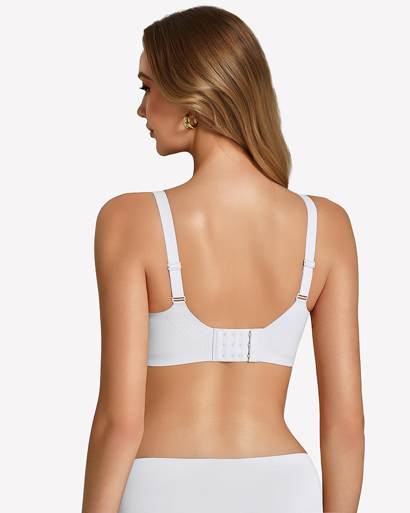 White wireless seamless bralette, back view with adjustable straps and clasp band