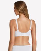 White wireless seamless bralette, back view with adjustable straps and clasp band