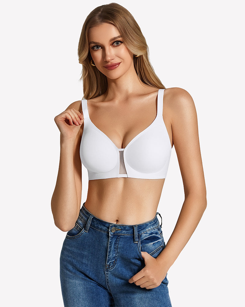 Wireless seamless bralette in white, front view with thin straps and wireless cups.