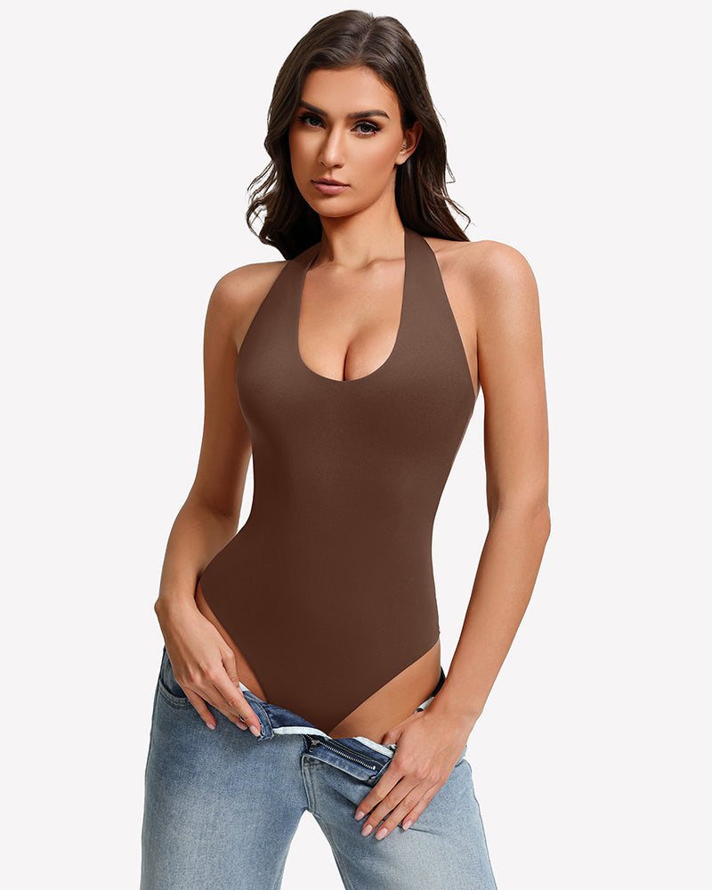Brown halter bodysuit tank with deep V neckline and high-cut leg openings