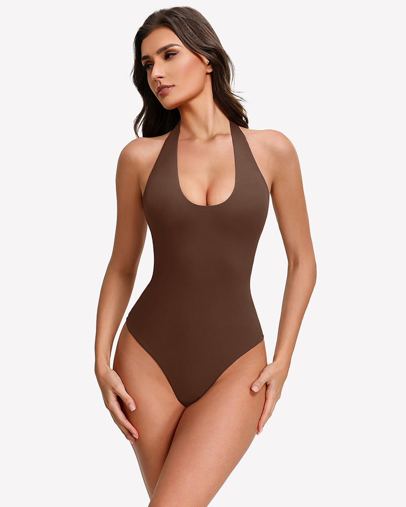 Brown halter bodysuit tank with deep V front and high-cut leg openings