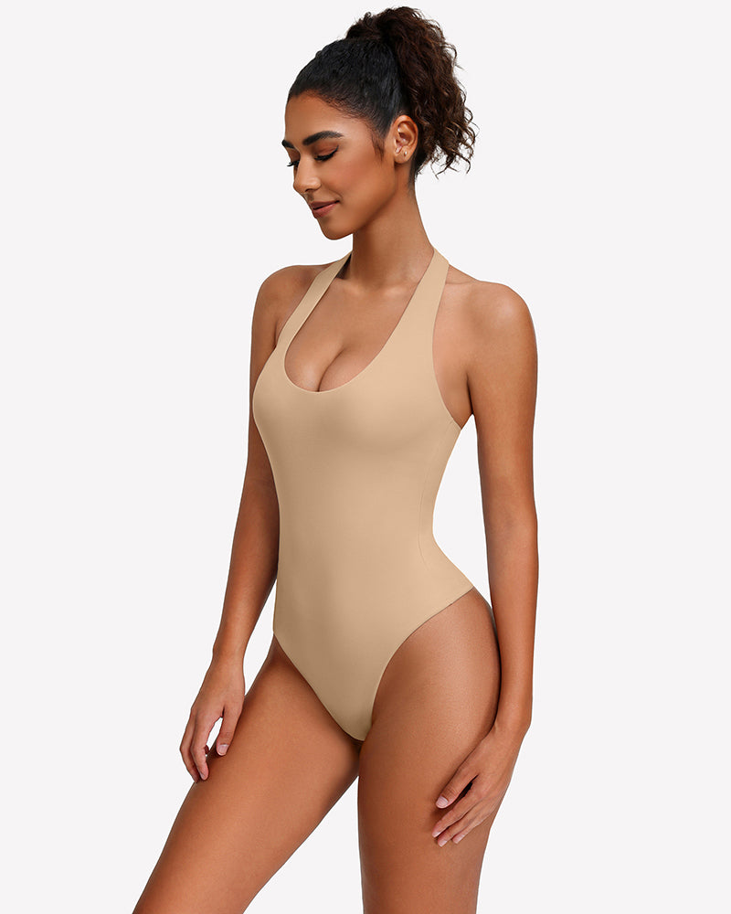Halter bodysuit, backless tank style in beige