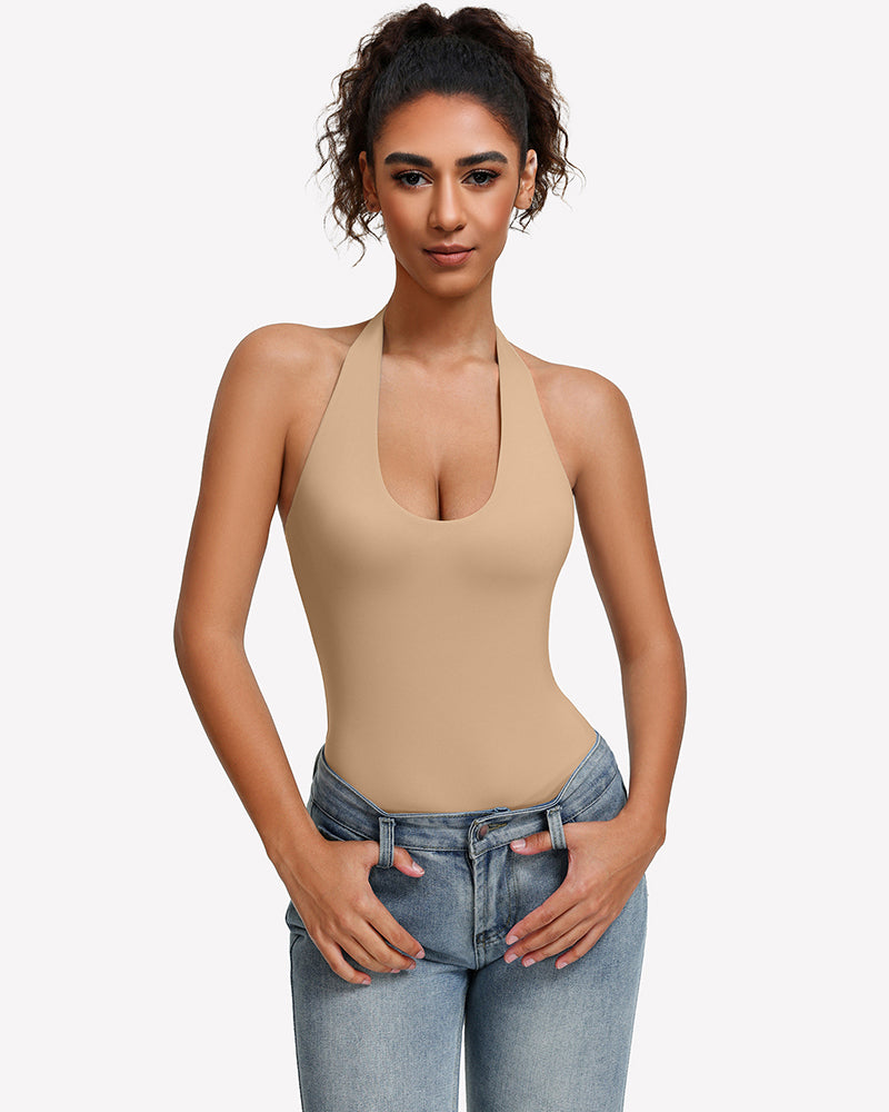 Halter bodysuit, halter neck in light beige